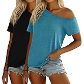 Riyiper 2 Pack Women's Off The Shoulder Tops, Short Bat Wing Sleeve Off Shoulder Shirts Casual Summer Loose Tunics Tee Blouse