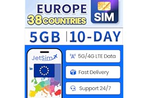Europe Travel SIM Card (10 Days), 5GB High-Speed Data, Prepaid SIM with Hotspot Support, Local Coverage in 38 Countries (Fran