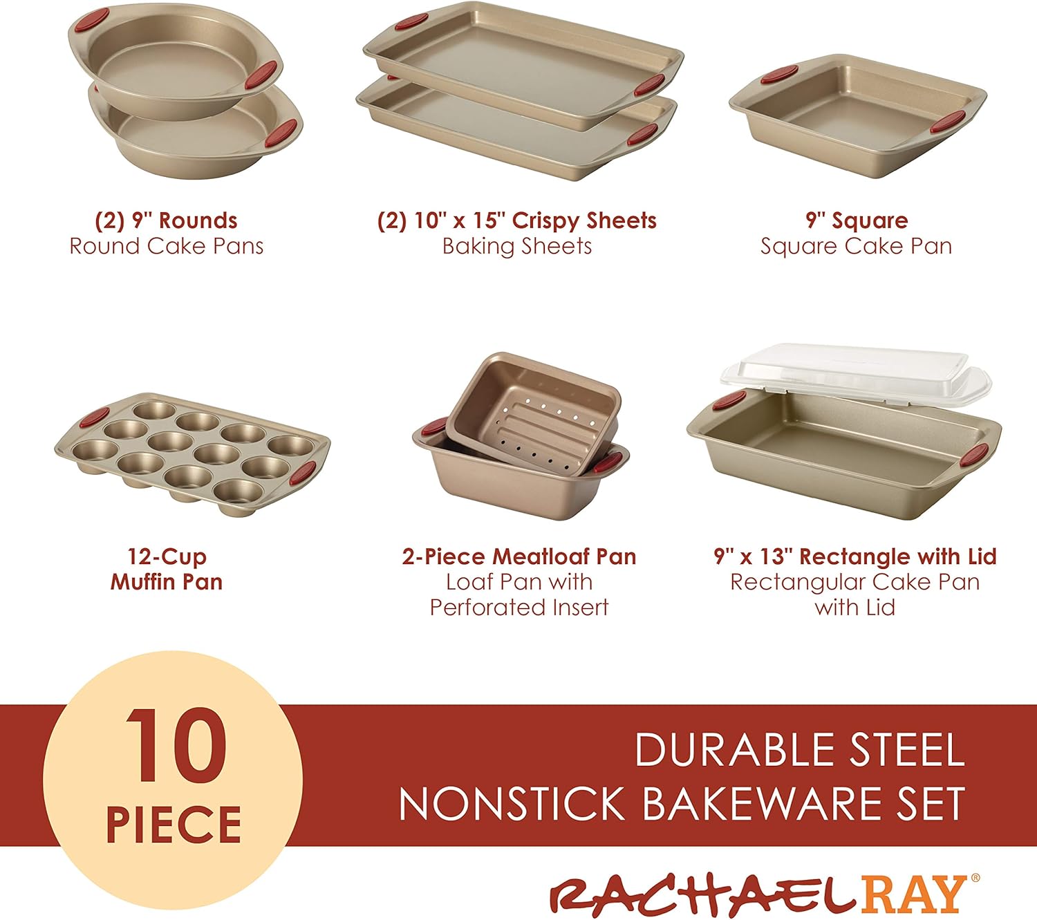 Rachael Ray 52410 Cucina Nonstick Bakeware Set with Baking Pans, Baking Sheets, Cookie Sheets, Cake Pan, Muffin Pan and Bread Pan - 10 Piece, Latte Brown with Cranberry Red Grip: Kitchen & Dining