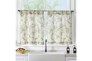 Lazzzy Green Floral Linen Kitchen Curtains 24 Inch Long, Linen Farmhouse Cafe Curtains Rustic Country Small Curtains Rod Pocket Tier Curtains, 2 Panels, Green on Beige