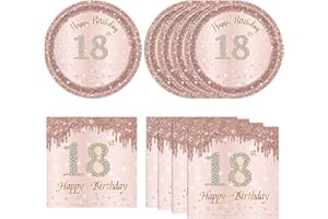 KHAIVI 40PCS 18th Birthday Decorations for Girls Rose Gold Birthday Party Decorations Supplies Included Paper Plates and Napkins Happy 18 Years Birthday Party Tableware Set for 24 Guests