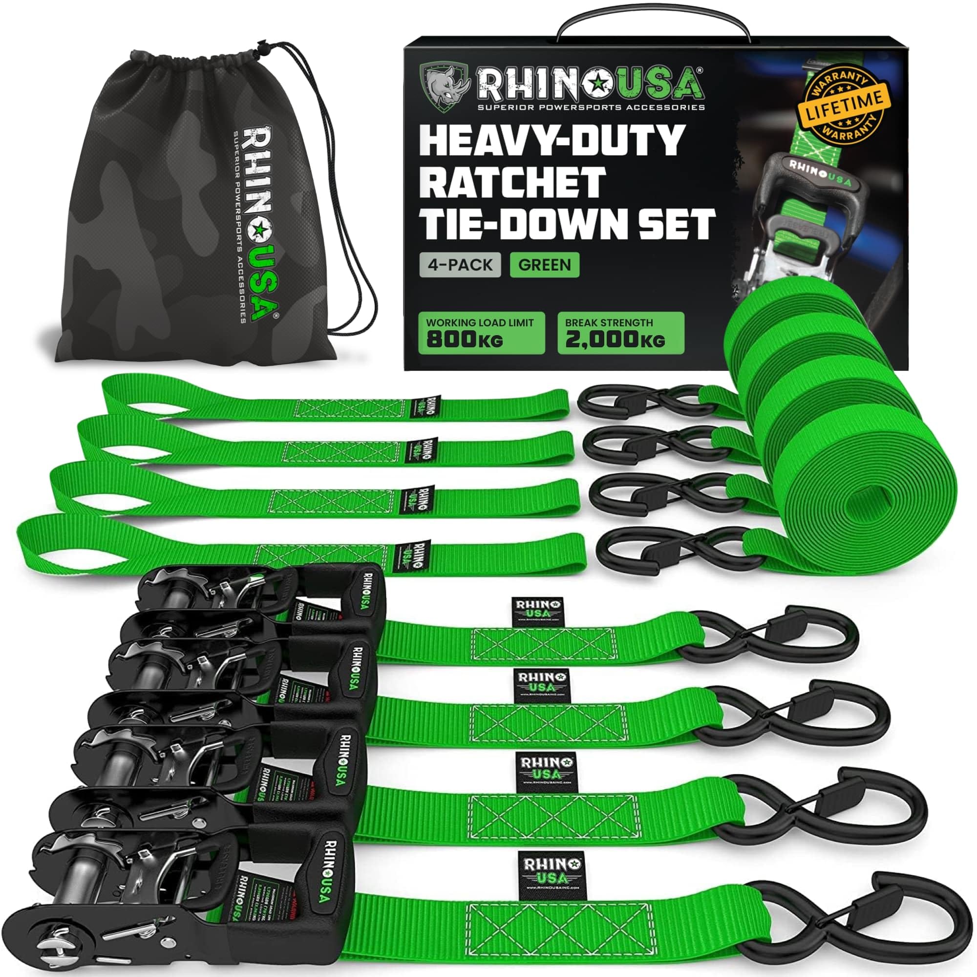 Rhino USA Ratchet Straps Heavy Duty Kit (4-Pack) - 4cm x 2.4m (2,000kg Break Strength) - Ultimate Tie Down Straps with Safety S Hooks for Trucks, ATV, UTV, Motorcycle, Cargo & More - Green