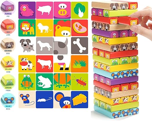 Magicwand 51 Pcs Innovative Animal Stacking Wooden Blocks Game for Kids with Cards