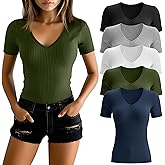 Huukeay 5 Pack Women's Cotton V Neck T-Shirts Multipack Short Sleeve Slim Casual Ribbed Tops Basic Summer Tee