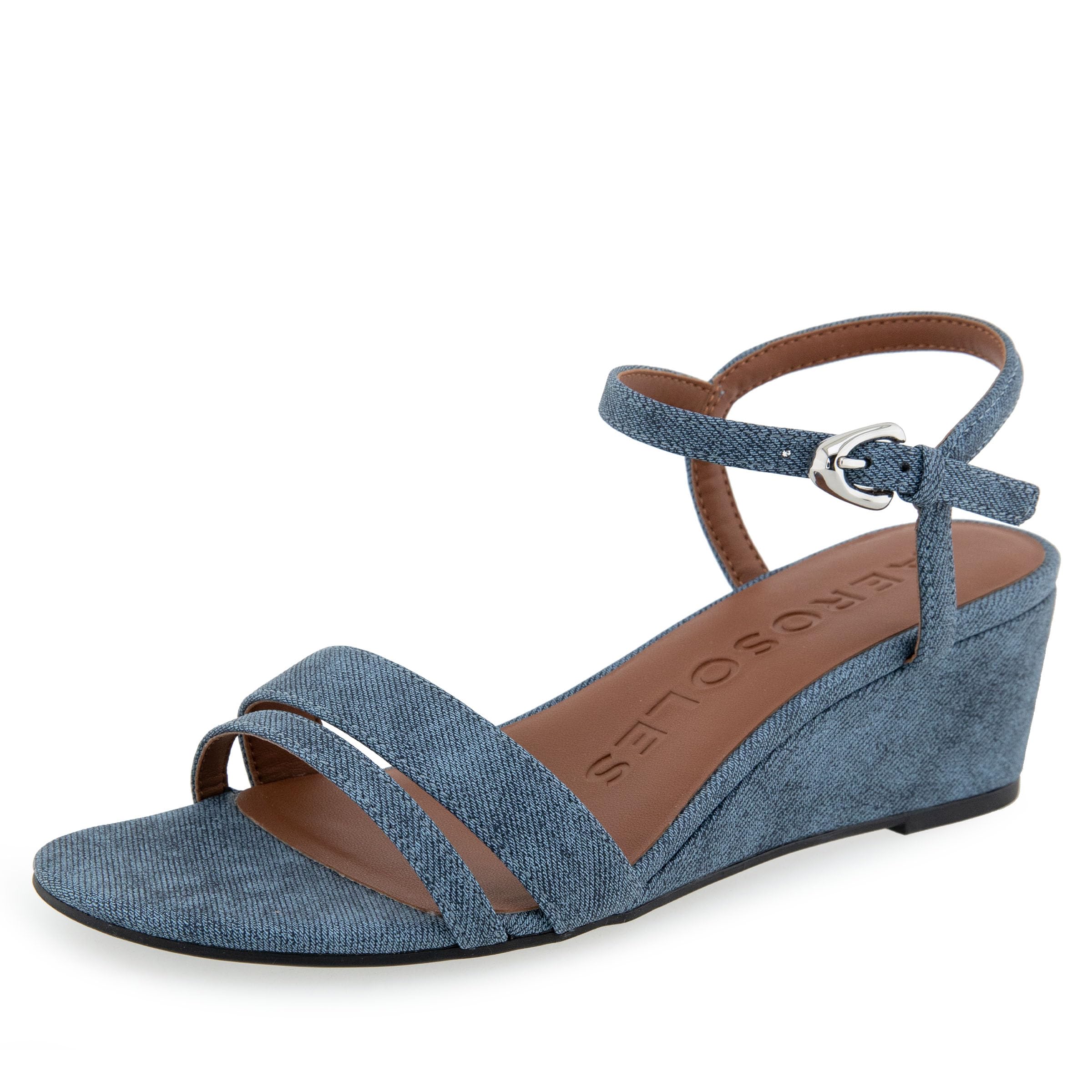 Aerosoles Women’s Witt Wedge Sandal, Blue Jean Denim Textured Faux Leather, 6M