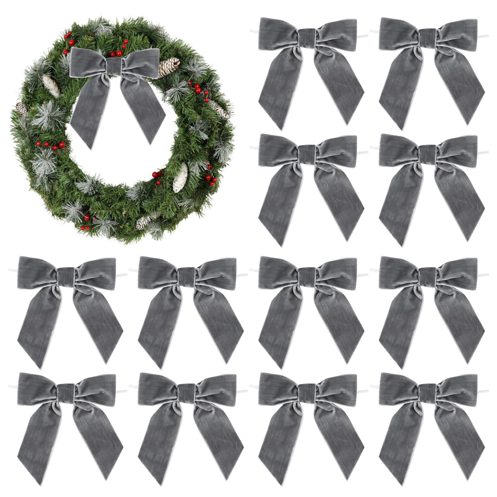 Photo 1 of AIMUDI Silver Velvet Bows 4.5" Christmas Bows for Tree Premade Bows for Wreaths Twist Tie Bows for Gift Wrapping, Festive Winter Decor, Tree Garland, Swag, Wedding Decor - 12 PCs