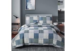 Ycosy Plaid Quilt Set King Size Patchwork Quilts Bedding Plaid Reversible Bedspread Coverlet Soft Lightweight Bed Cover Set All-Season, 1 Quilt with 2 Pillow Shams