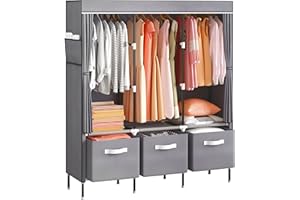KEKIWE Closet Wardrobe, Portable Closet for Bedroom with 3 Hanging Rods and 6 Storage Organizer Shelves, Three Drawer Boxes, Quick and Easy to Assembly, 53 x 17.7 x 67 Inches, Grey