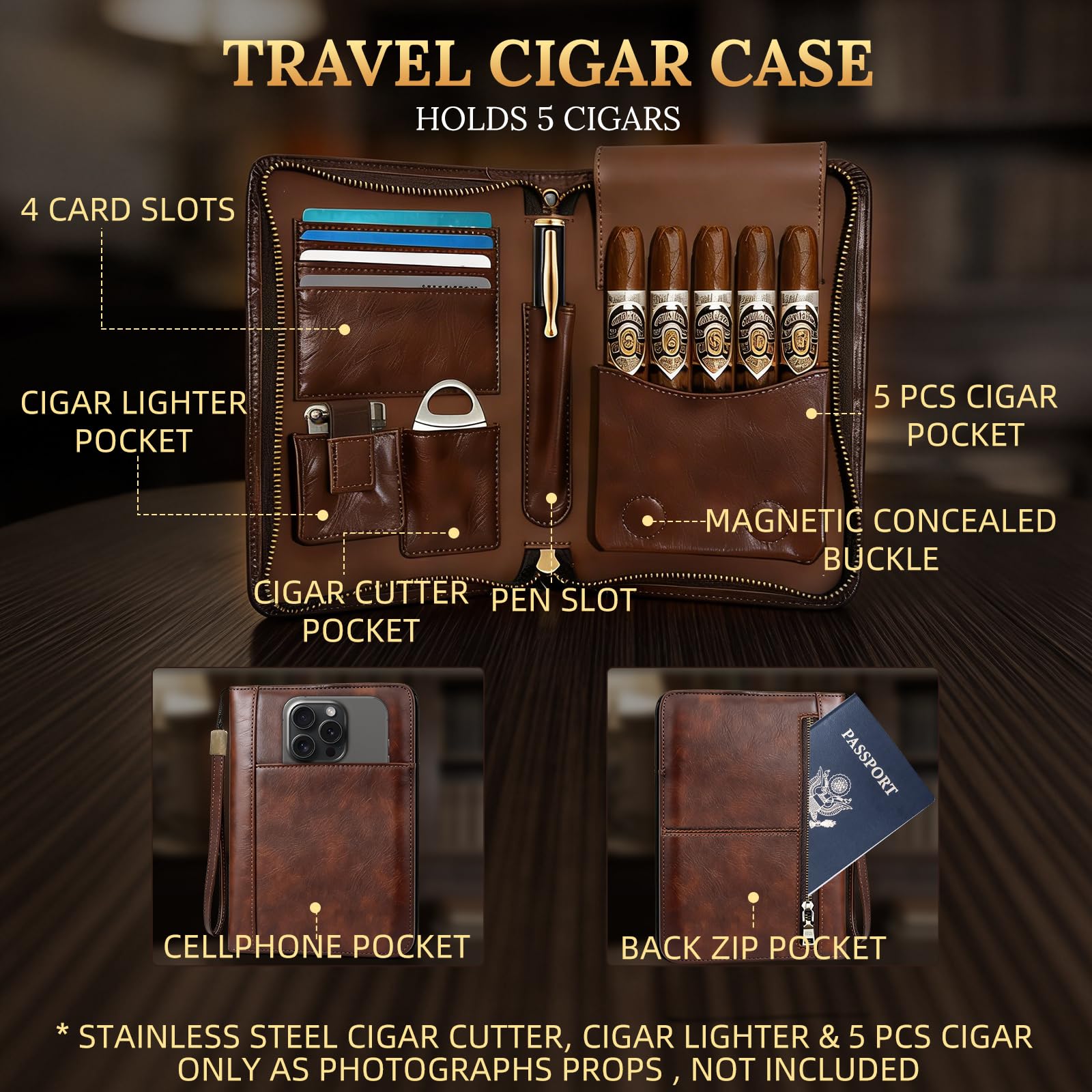 Travel Cigar Humidor, Handmade Crazy Horse Leather Cigar Case for Men, Portable Cigar Box Holds 5 Cigars with Phone & Lighter Pockets, Ideal Gift for Cigar Lovers - Brown