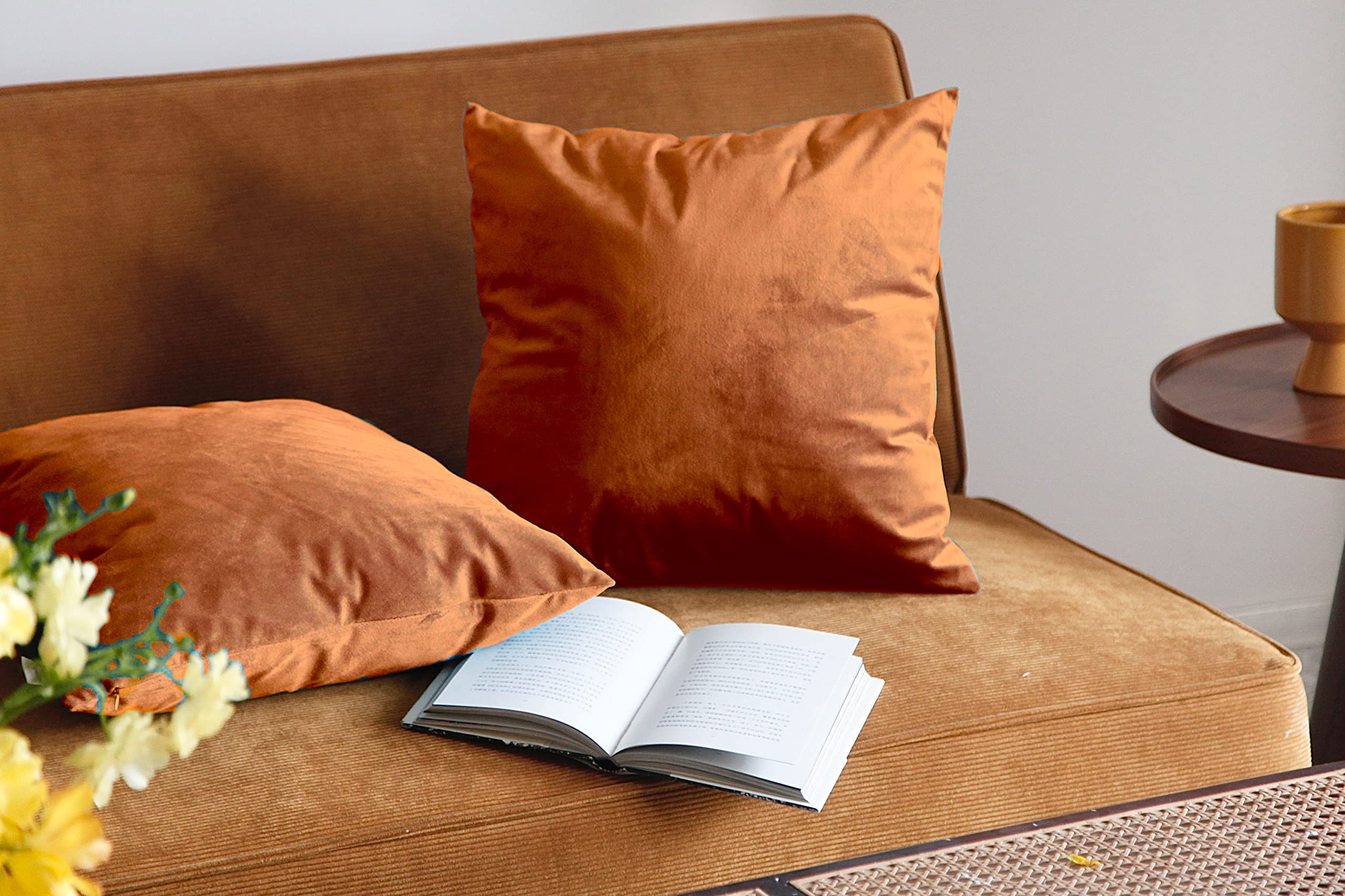 Pagnanno. Set of 2 Soft Velvet Cushion Covers 45x45cm(18x18 Inches) Plain Throw Pillowcases Square Cushion Covers for Chairs,living room,bedroom with Invisible Zipper ((Pack of 2), Burnt Orange)