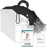 Marspark 100 Pieces Lanyard with ID Holder Bulk, Lanyards for ID Badges, Resealable Clear Name Tags with Lanyard, Waterproof Plastic Clear Badges for Adults Business Conference Office Supplies (Black)