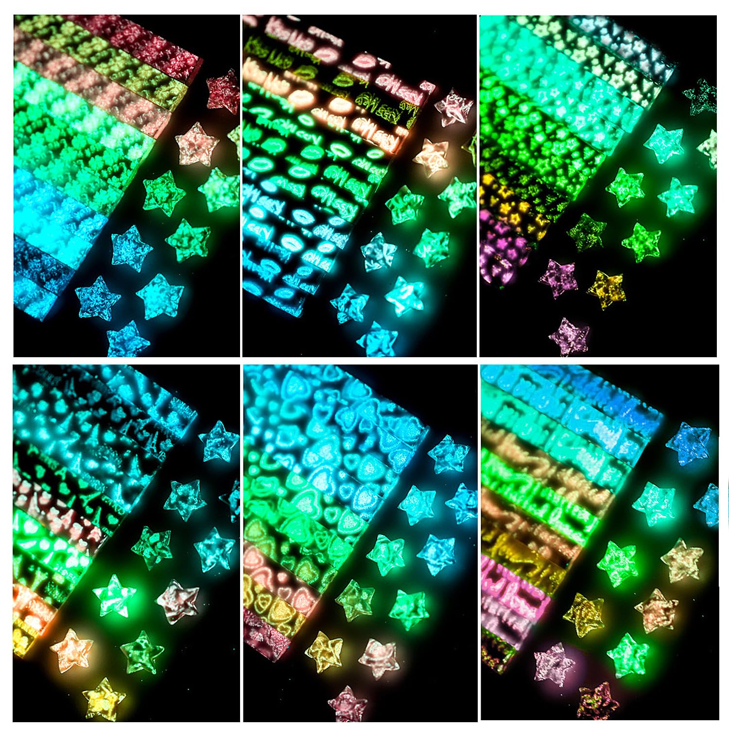 Photo 1 of 1260 Sheets Luminous Glow in Dark Origami Star Paper Strip with 6 Patterns Folding Lucky Stars Paper for DIY Handmade Crafts