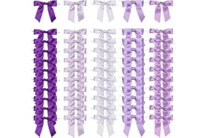 LIZLOVESS 5 Colors Purple Twist Tie Bows for Treat Bags 3.5" Pre-Tied Lilac Satin Ribbon Bows Gift Wrap Bows Premade Bows for Crafts, Cake Pops, Wedding, Hair, Party Favors, Baked Goods (50 Pack)
