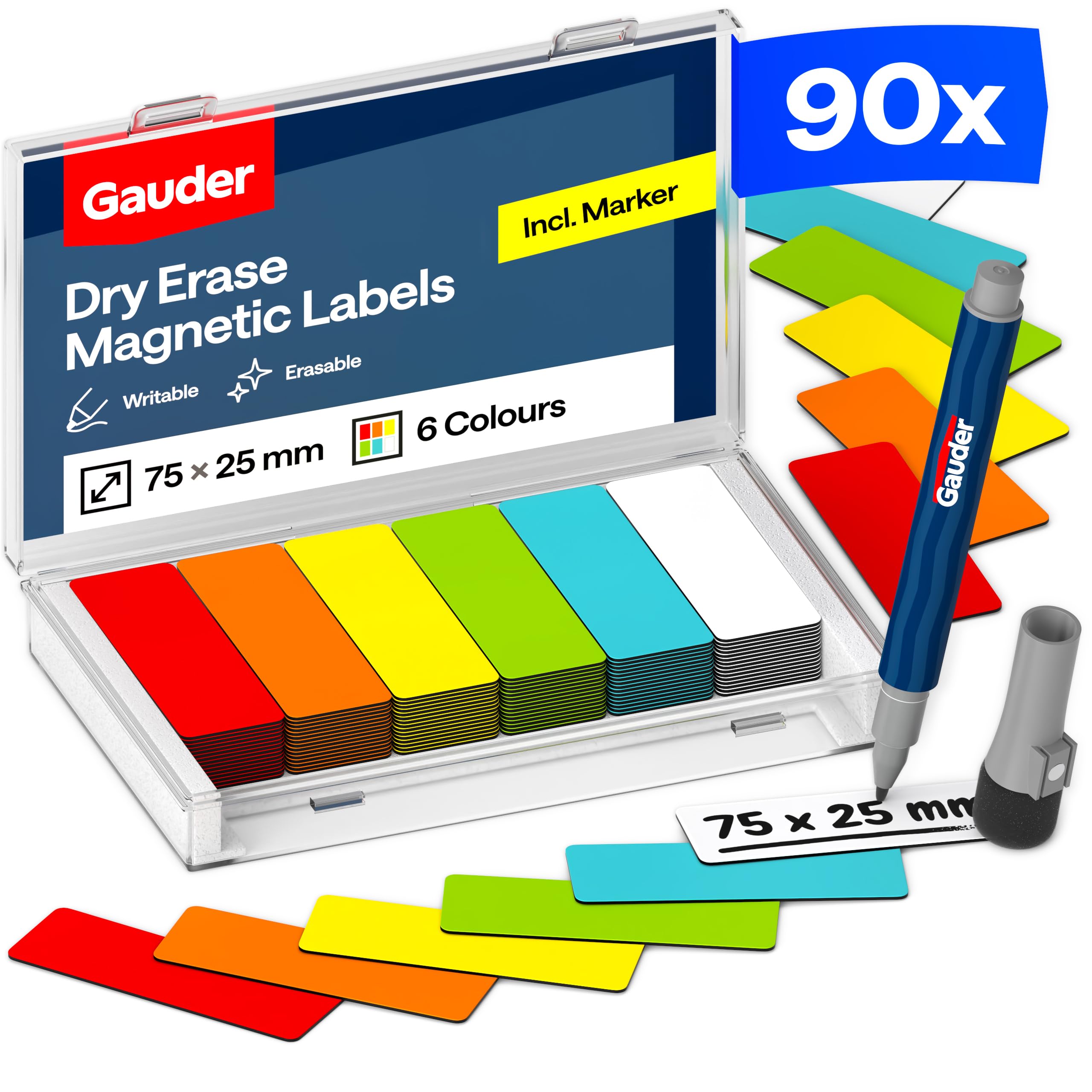 GAUDER Magnetic Labels Writable - Reusable Magnetic Tags for Whiteboard, Blackboard, Kanban Board and Fridge - Magnet Cards with Marker (90 Pieces - 75 x 25 mm)