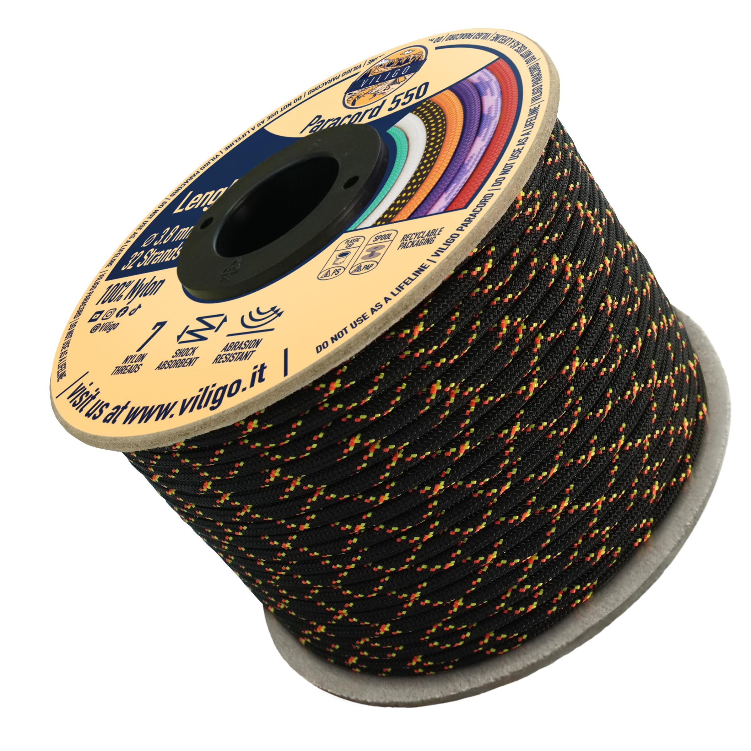 VILIGO Paracord 550 - Type III (3.8 mm) - Nylon Braid, 7 Inner Strands, Ideal for Camping, DIY Projects, Bracelet Making and Accessories (15 m, Night Storm)