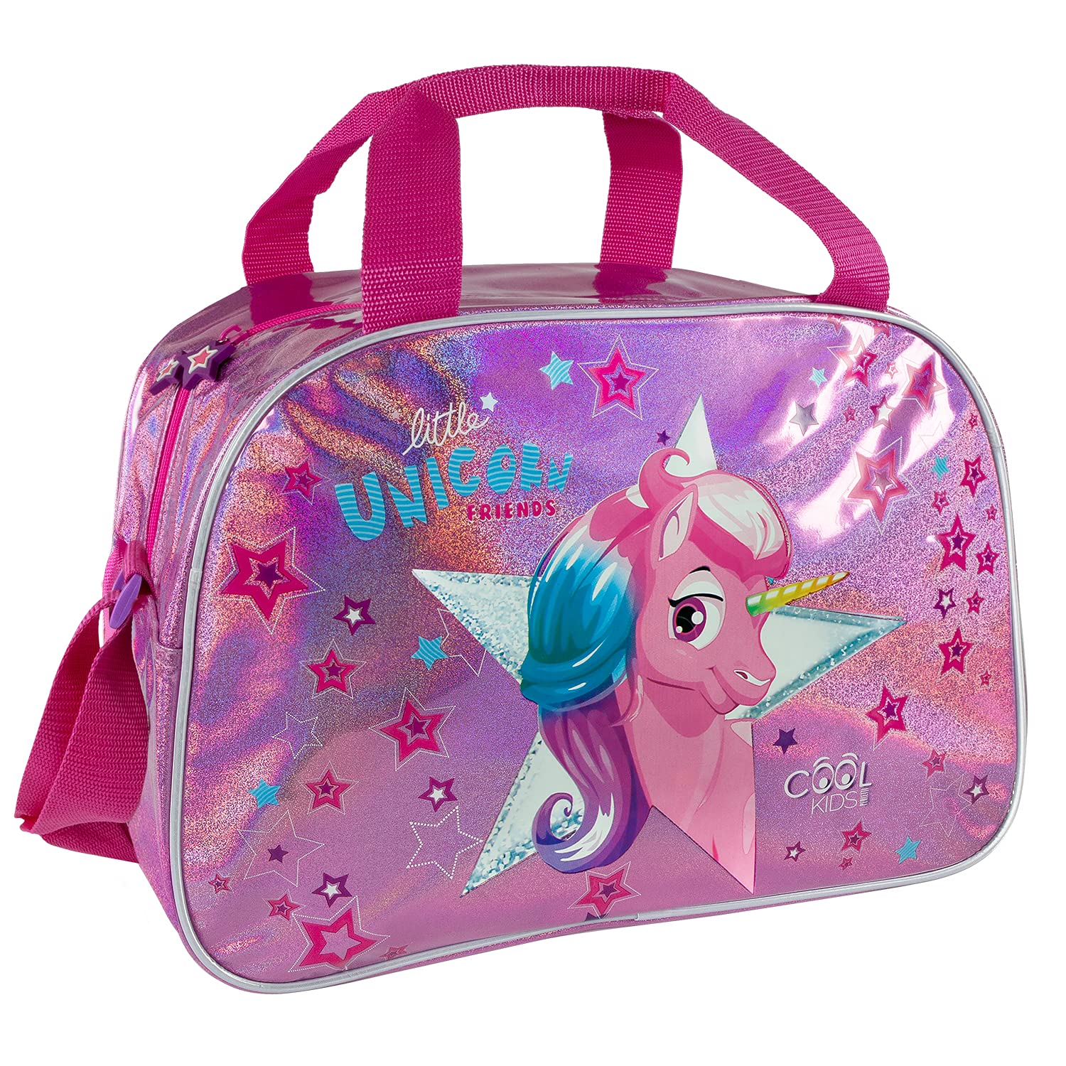 PERLETTI Unicorn Duffle Bag for Little Girls with Pink Glitter - Sports Bag with Stars and Reflective Details for Kids - Shoulder Bag for Children Gym Travel and Leisure - 28x41,5x21 cm (Unicorn)