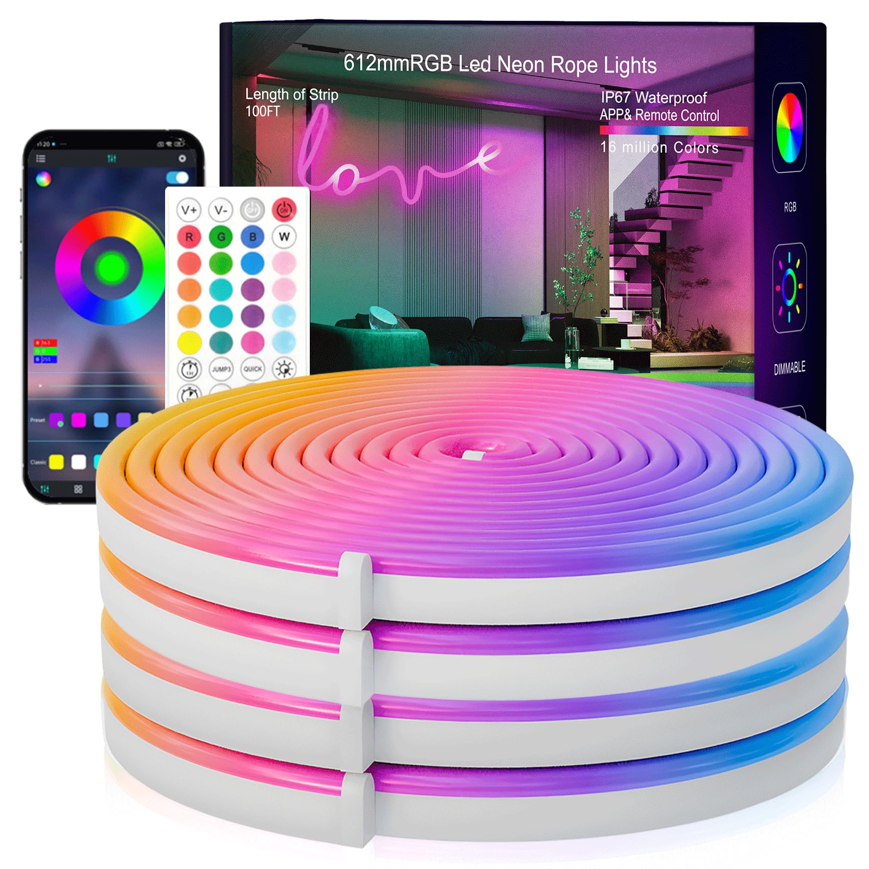 Photo 1 of Neon Rope Lights,100FT RGB Led Strip Lights, Waterproof IP67, DIY Design, Music Sync, 44 Keys Remote Control, Multiple Modes, for Living Room, Bedroom, Holiday Decoration