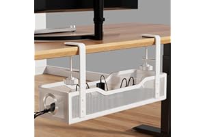 [Upgraded] Under Desk Cable Management Large, Cinati 16" Cable Management Box for Table Thickness up to 3", Wire Cord Organizer with Clamp No Drill, No Damage to Desk (White)