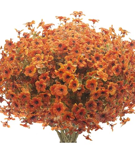 Artificial Outdoor Sunset Mums - UV Resistant Faux Fall Flowers With Eucalyptus, 5 Bundles (Orange)