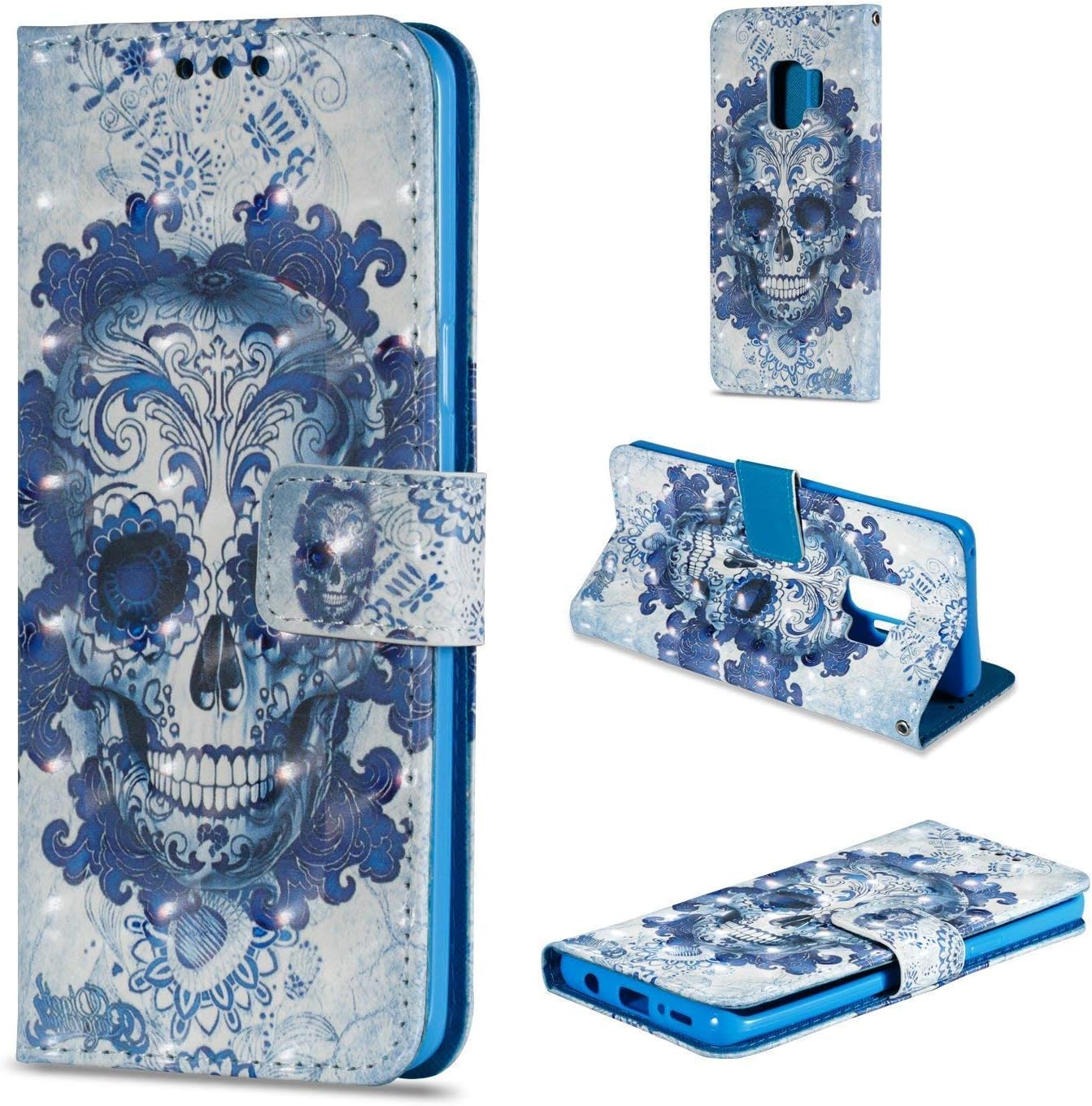 for Samsung Galaxy Note9 Case,PU Leather Wallet Folio Heavy Duty Protection Phone Cover with Credit Card Slot WristStrap Magnetic Closure Kickstand Accessories Ghost Skull