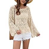 Allimy Womens Oversized Long Bell Sleeve Boat Neck Crochet Tops Hollow Out Knit Sweater Pulllover Tops Coverup Outfits