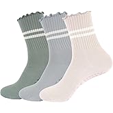 ANLIOTO 3 Pairs Yoga Socks with Grips, Non Slip Ruffle Pilates Socks Frilly Crew Socks for Barre Barefoot Workout Hospita