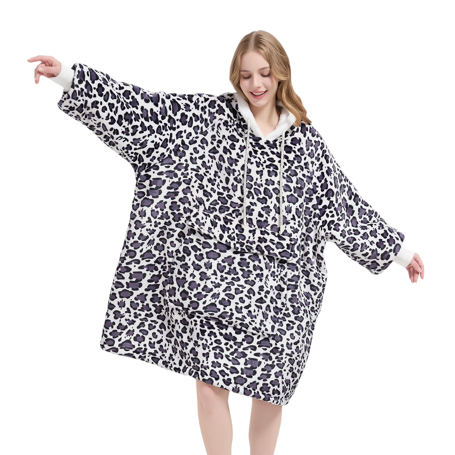 Qeils Wearable Blanket Hoodie for Women, Comfy Sherpa Sweatshirt Blanket as Birthday Christmas Gifts, Oversized Pullover Jacket Blanket Hoodie for Adult (Purple Leopard, Adult) Image