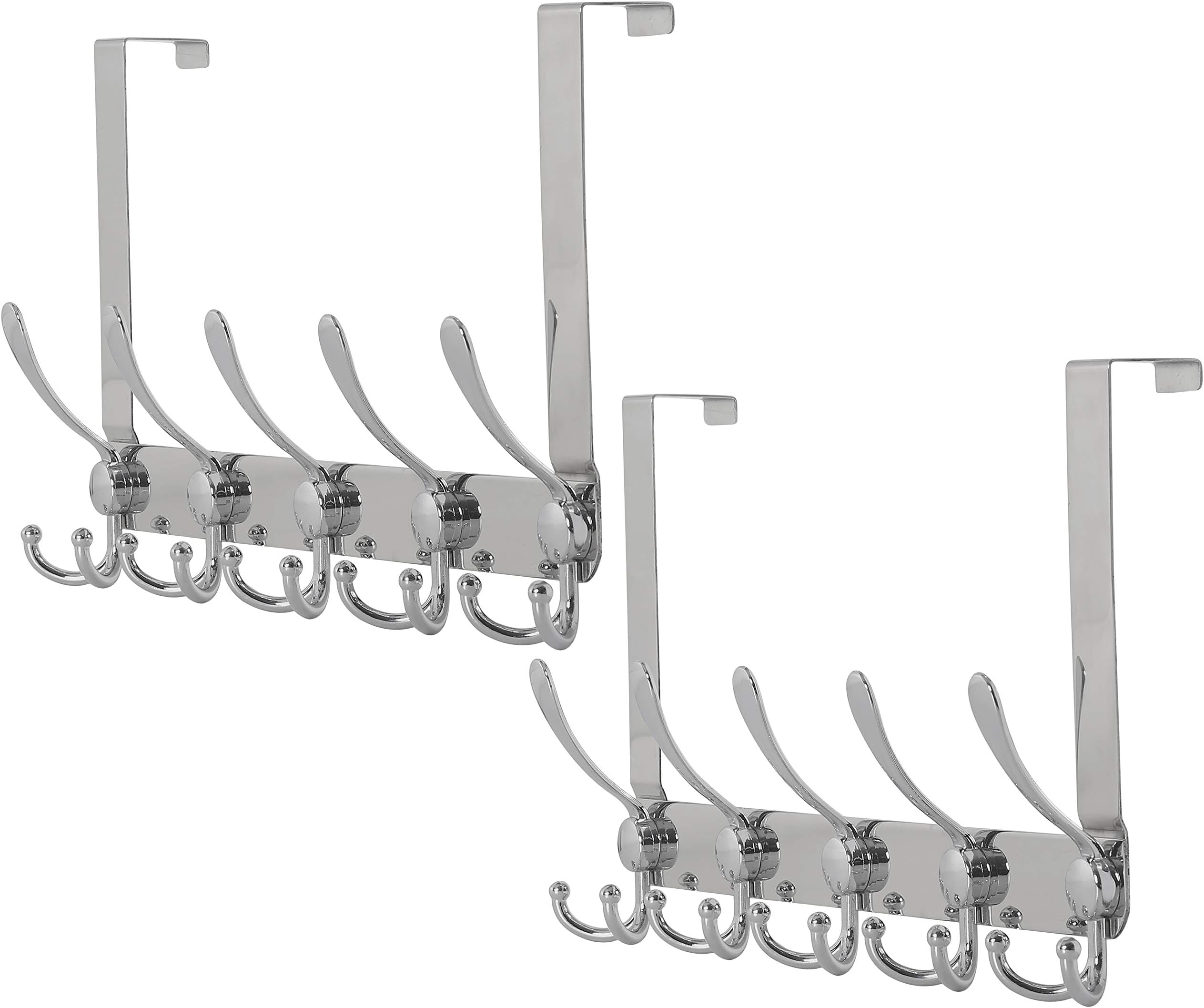 Dseap Over The Door Hook Hanger - 5 Tri Hooks, Heavy Duty Over The Door Towel Rack Coat Rack for Clothes Hat Towel, Chromed, 2 Packs