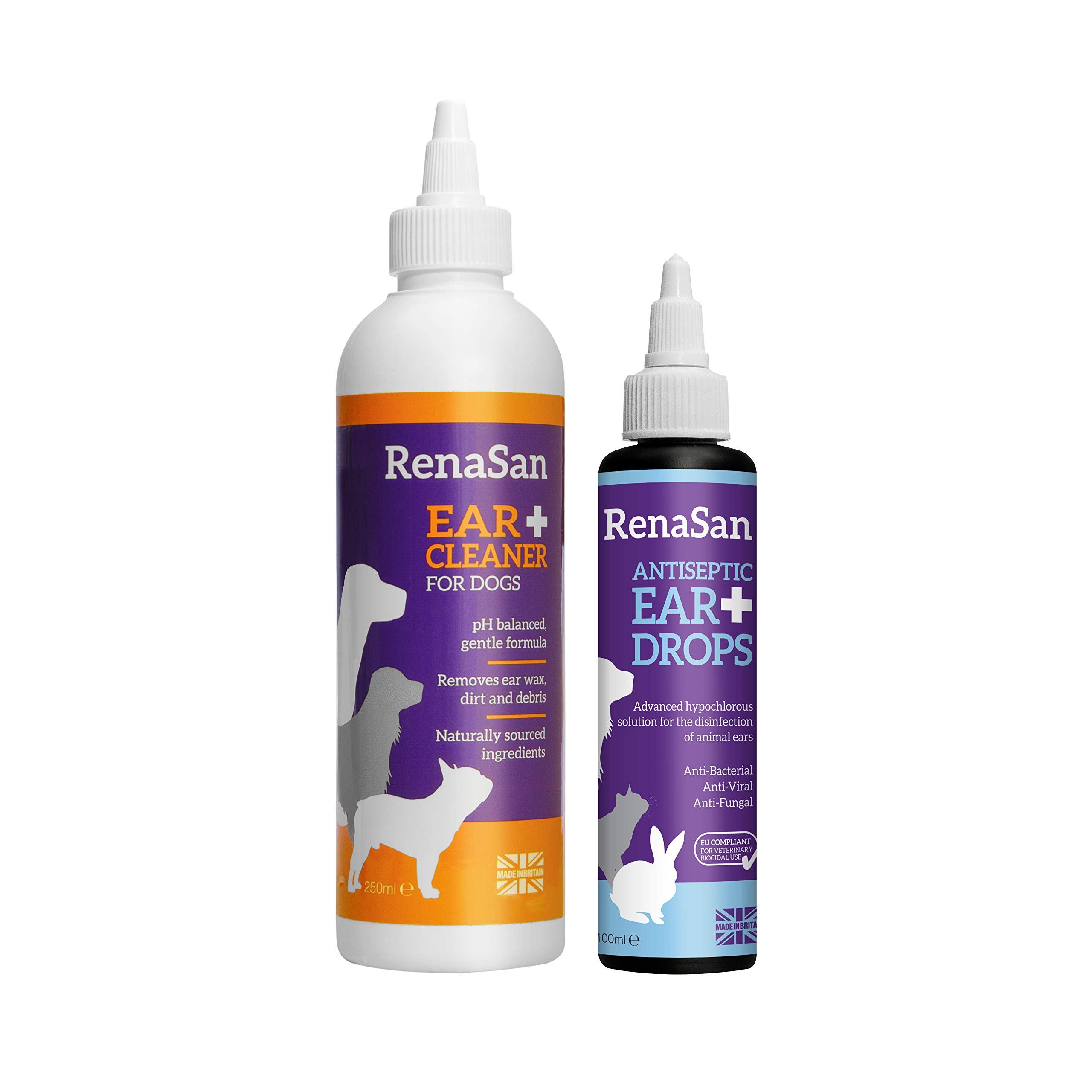 RenaSan Ear Cleaner & Disinfectant Kit for Dogs - Antiseptic Dog Ear Drops 100ml and Ear Cleaner For Dogs 250ml - Disinfectant Ear Cleaner Solution for Infections, Itchy Ears and Wax Build Up