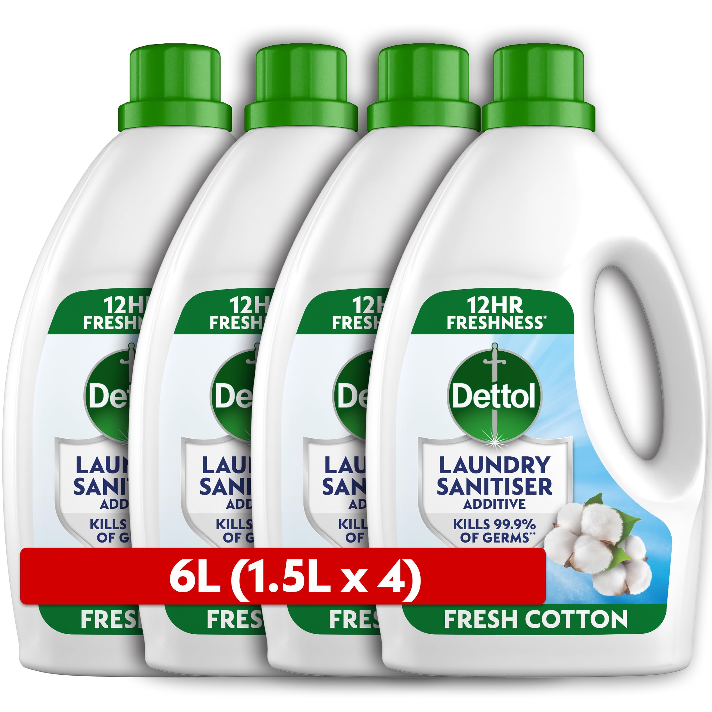 Dettol Laundry Sanitiser, Antibacterial, Fresh Cotton, 6L (1.5L x 4pck) 12hr Freshness, Hygienically Clean, Removes Odour, Kills 99.9 Percent of Bacteria