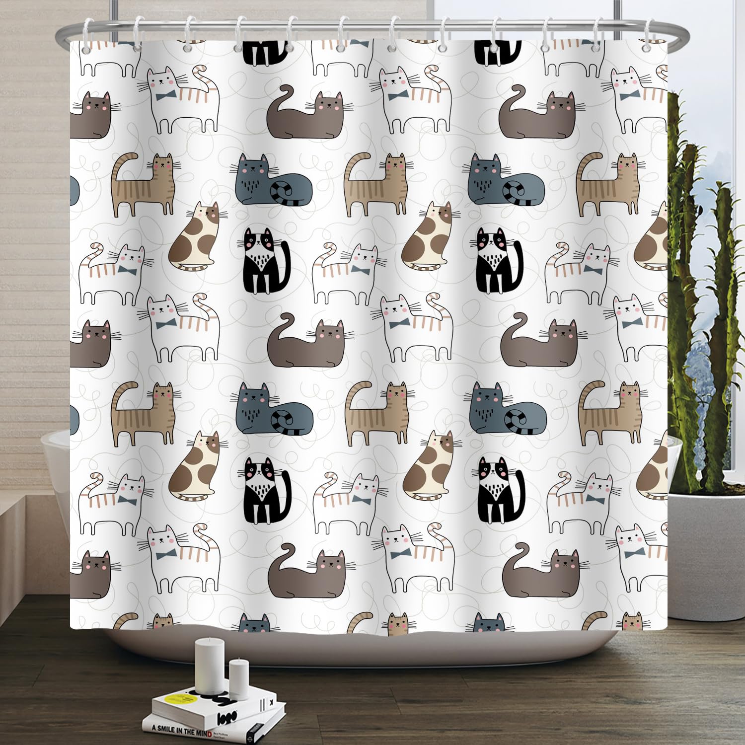 SDOTPMT 140x180cm Cute Funny Animal Shower Curtain Cartoon Playing Cats Pattern White Bath Curtain Modern Classic Bathtub Curtain for Boys Girls Bathroom Decor Polyester with Hooks — image 1