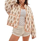 Wyeysyt Women's Cropped Quilted Jacket Floral Print Puffer Jackets Open Front Lightweight Jacket