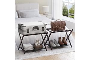 Semiocthome Luggage Racks for Guest Room, Set of 2, Folding Suitcase Stand with Shelf, Luggage Stand Ideal for Bedroom, Hotel, Easy Assembly, Brown
