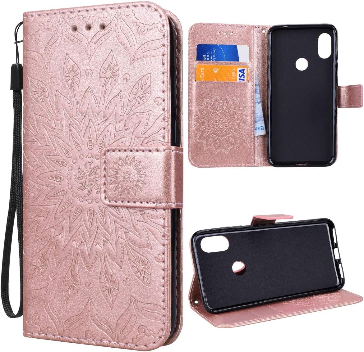 VemMore Xiaomi Redmi Note 6 Pro Case PU Leather Wallet Case Flower Flip Magnetic Closure Card Slots Stand Function Premium Shockproof Full Protective Cover Sunflower Pattern - Rose Gold