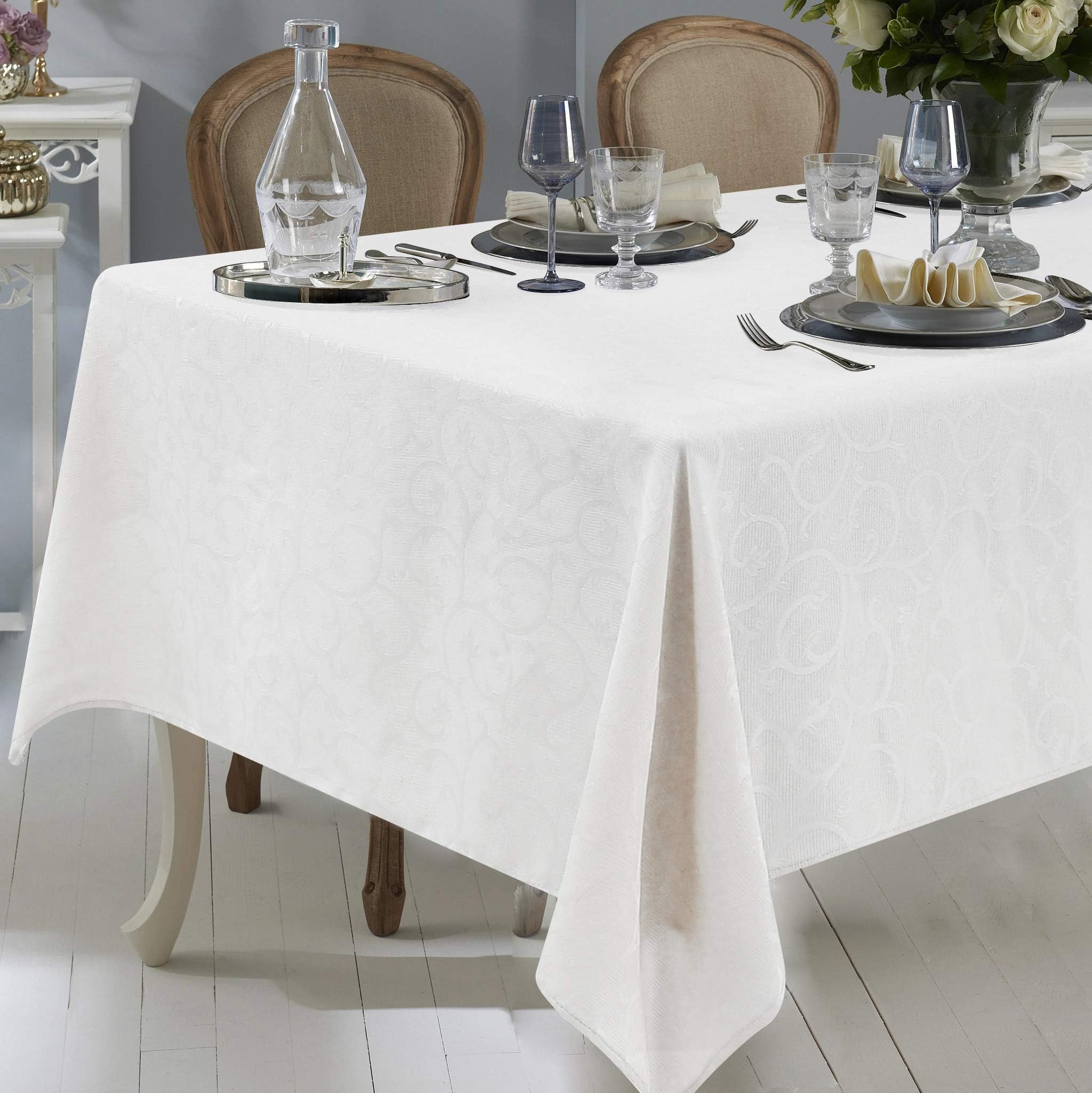 Lotmat Exquisite Rectangle Tablecloth Acanthus Damask, 60 x 104 Inch White Waterproof Table Cloth Heavyweight Washable Polyester Table Cover- Great for Kitchen Table, Parties, Holiday Dinner, Wedding