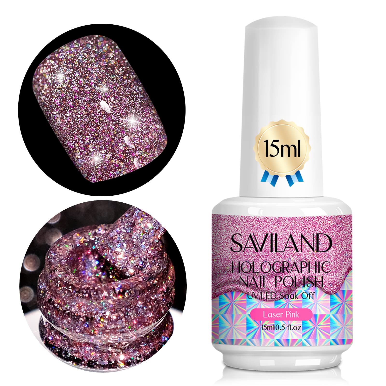 Saviland 15ML Super Glitter Gel Nail Polish - Pink Glitter Rainbow Laser Holographic Gel Polish Soak Off U V LED Nail Art Gel Manicure Starter Set for Profession Nail Salon DIY at Home