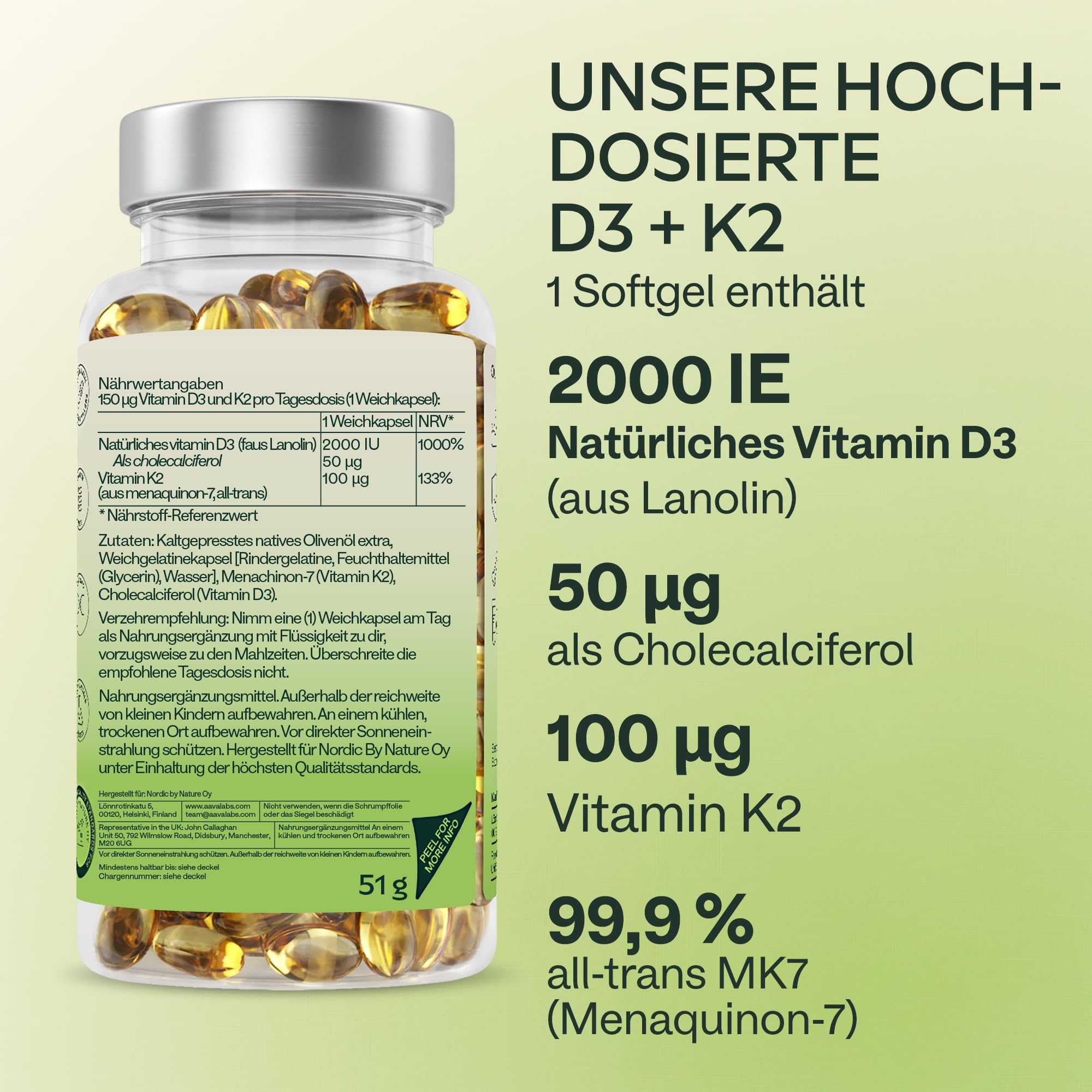 Vitamin D3 K2 hochdosiert mit nativem Olivenöl - Vitamin D 2000 IE + Vitamin K2 MK7 100μg - Sonnenvitamine Vitamin D K2 GMO-, gluten- und laktosefrei 180 Vitamin D3 K2 Kapseln hochdosiert 5