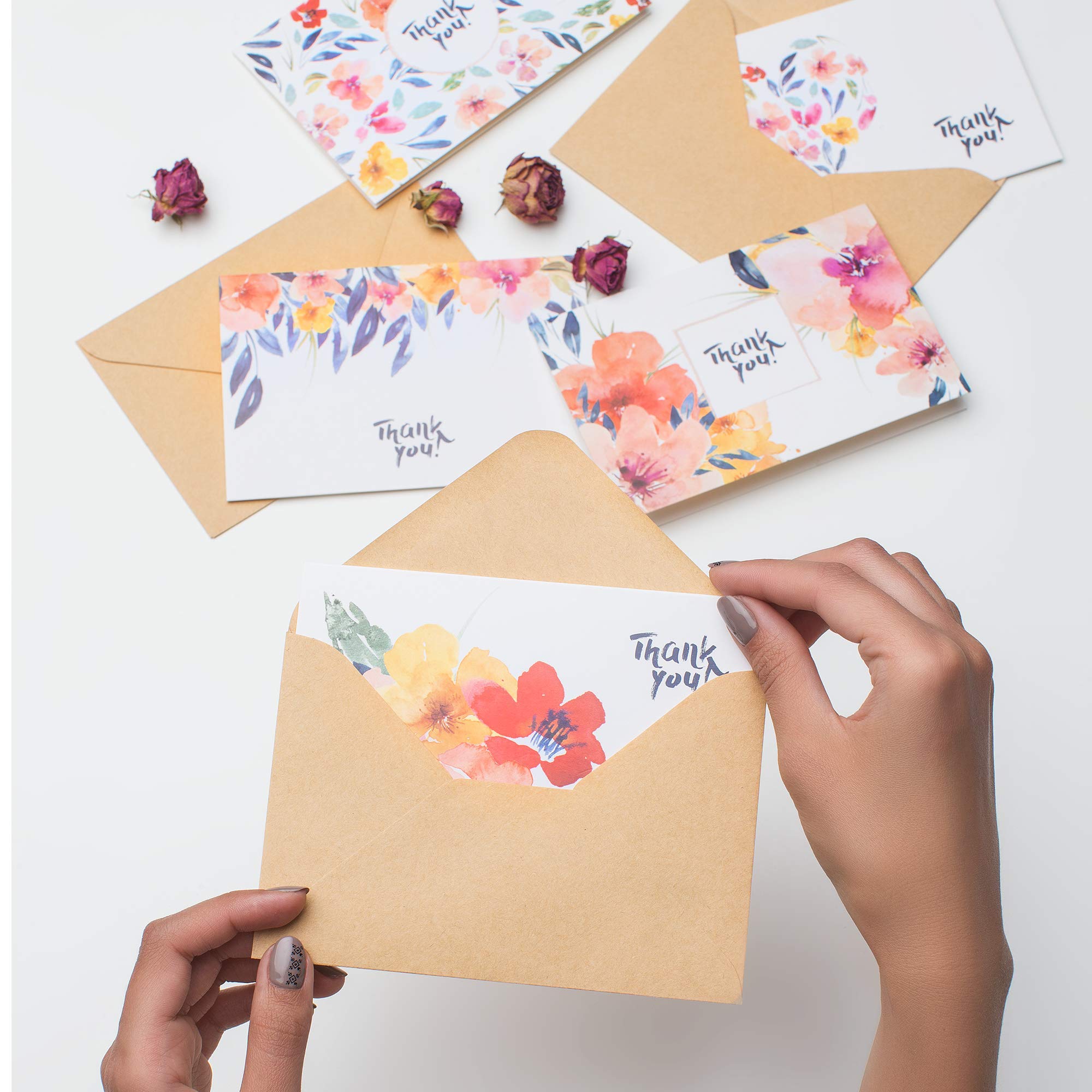 Thank You Cards Greeting Set | 50 Blank Thank You Notes With 50 Envelopes | Floral Watercolor Stationary Card | Bulk Pack For Wedding Baby & Bridal Shower Business Anniversary 4 x 6 inch