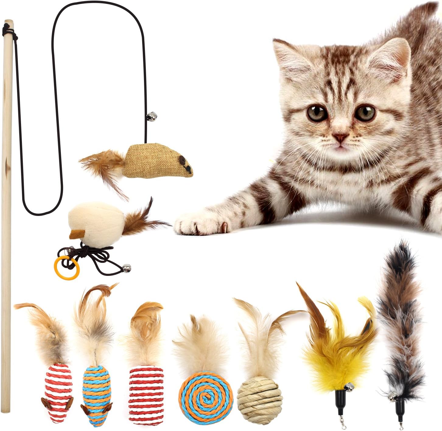 Ulable Cat Interactive Toys, Feather Toy Teaser Sisal Kitten Cat Toys