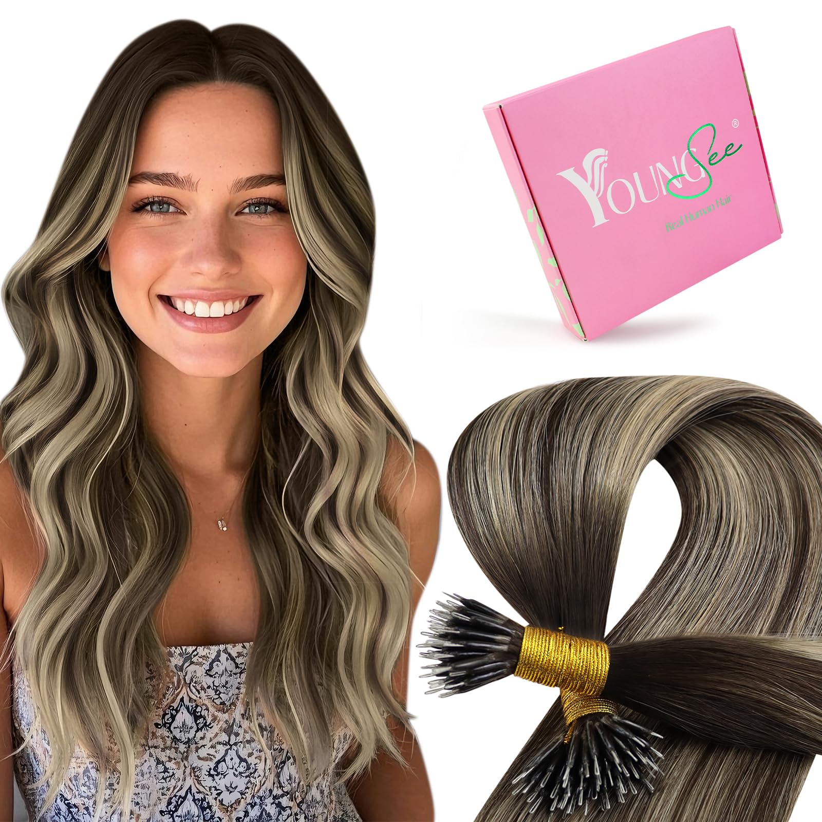 YoungSee Nano Hair Extensions Real Human Hair Brown 18inch Nano Beads Human Hair Extensions Balayage Dark Brown with Ash Blonde Nanolink Extensions Ombre for School Cold Fusion 50s 50g — image 1