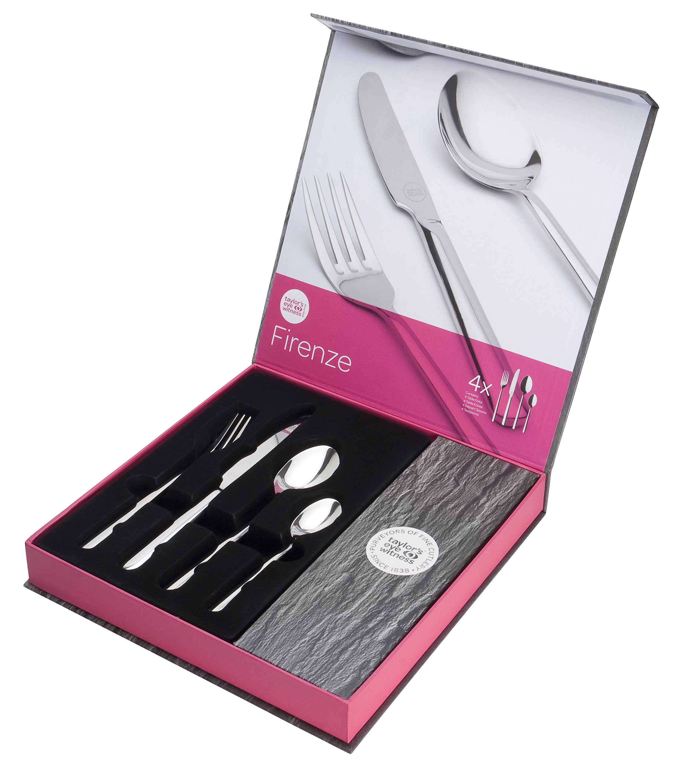 Taylors Eye Witness 16 Pcs Kitchen Cutlery Set - Firenze Contemporary, Modern, Classic. 18/10 Stainless Steel. Rust-Resistant. Mirror Shine. Dishwasher Safe. Knife/Fork/Spoon/Teaspoon. 4 Settings