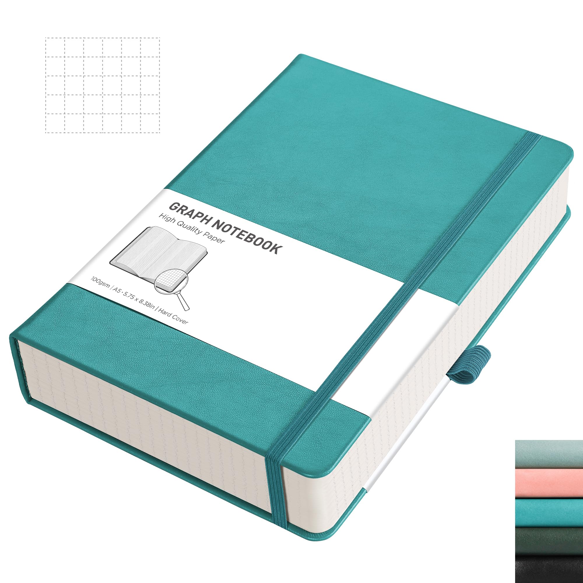 RETTACY Graph Paper Notebook A5 320 Pages Grid Notebook Thick Journal, 100gsm Thick Graph Paper, Leather Hardcover, Inner Pocket, for Office School Work Women Men14.5 x 21cm - Cyan — image 1