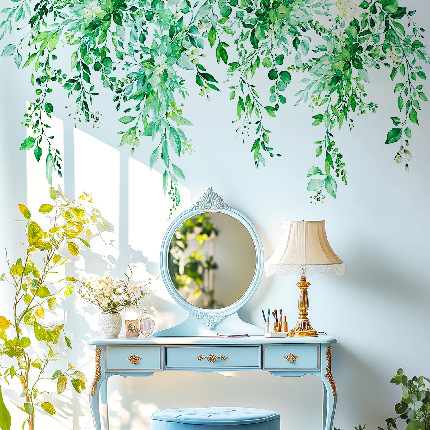 VePret Emerald Green Plants Leaves Wall Decals Peel and Stick, Large Floral Flower Leaf Vinyl Wall Stickers, Removable Vine Home Decor Art for Bedroom Living Room Classroom Office