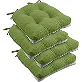 downluxe Indoor Chair Cushions for Dining Chairs, Tufted Overstuffed Textured Kitchen Chair Pads with Ties and Non-Slip Backing, 15.5" x 15.5" x 4", Grass Green, 4 Pack