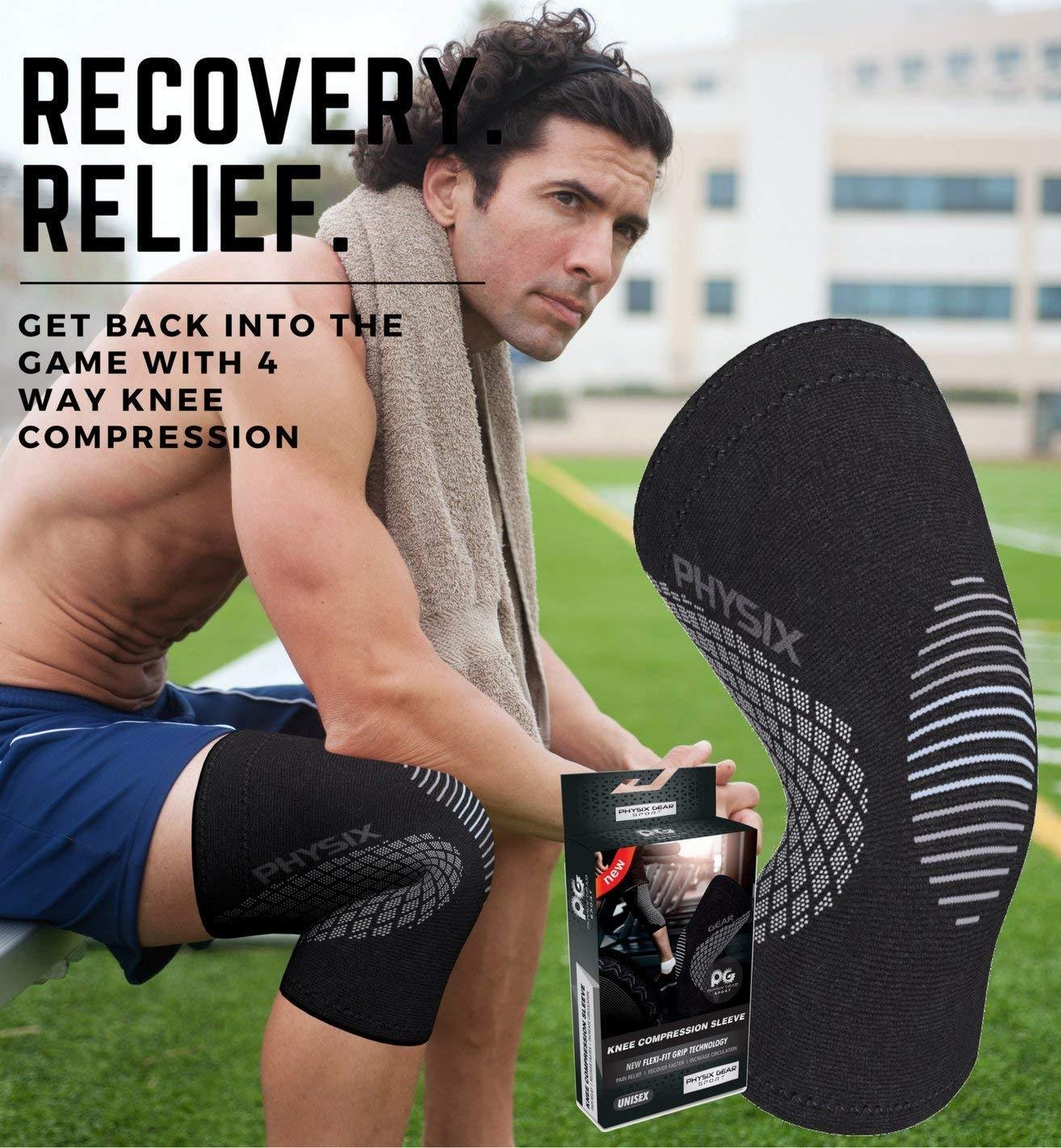 Physix Gear Knee Compression Sleeve for Men & Women - Best Compression Knee Brace for Walking, Running, Gym, Basketball, Weightlifting,Workout, Sports - Knee sleeves Support Compression & Stability