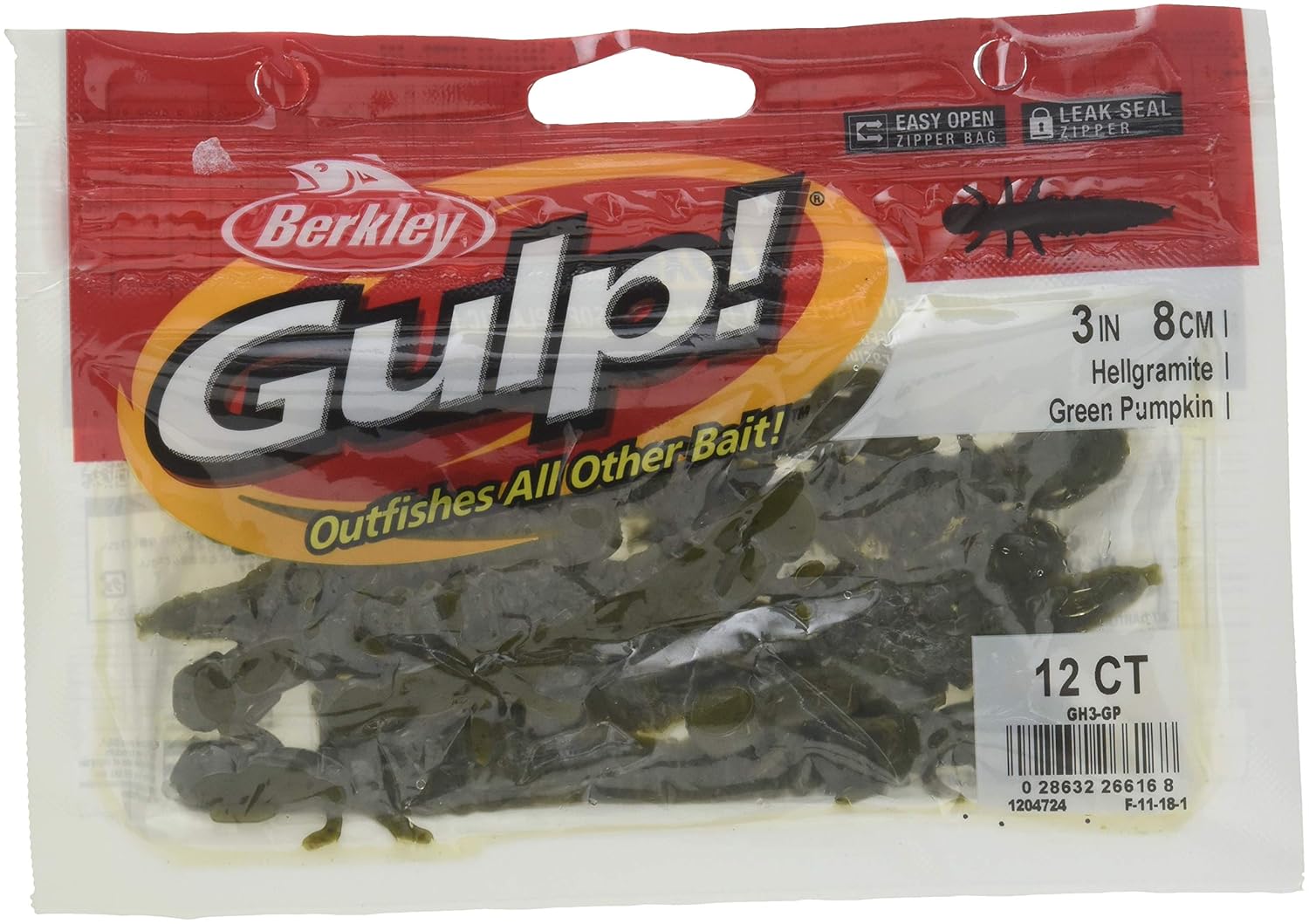 Berkley Gulp Fresh Water Hellgrammite Fishing Bait, Green Pumpkin, 3
