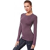 AmélieBoutik Women Crew Neck Studs Trim Embellished Long Sleeve Sweater