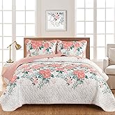 Yiran Pink Floral Quilt Set King Size Summer Botanical Bedspreads Bedding Set 3 Pieces Lightweight Rose Flowers Printed Coverlet with 2 Pillow Shams for All Season 104x90 Inch