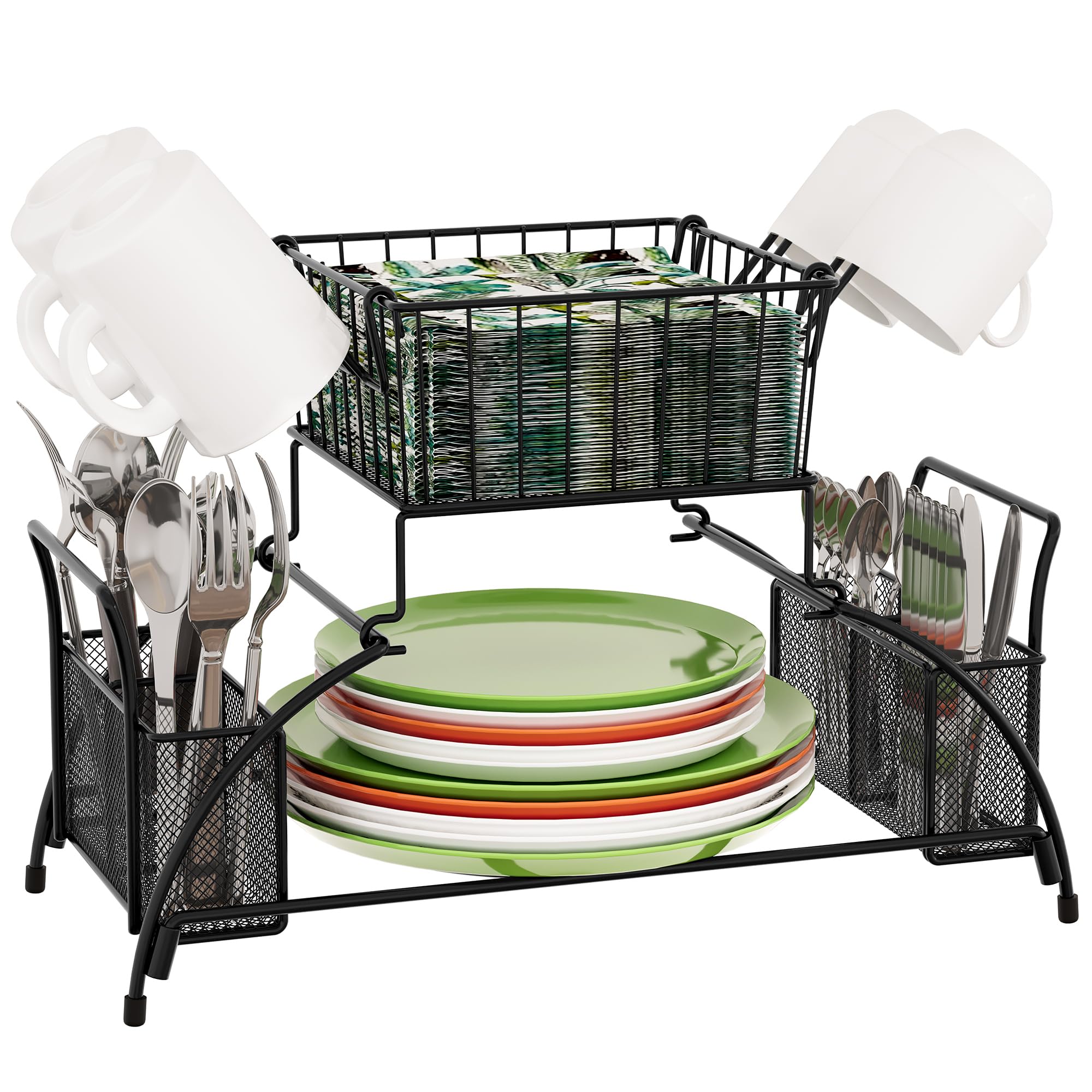 Photo 1 of TQVAI 2 Tier Buffet Caddy Silverware Flatware Organizer with Mug Holder for Plates, Utensils, Napkins - Ideal for Kitchen, Dining, Entertaining, Parties, Picnics, Black