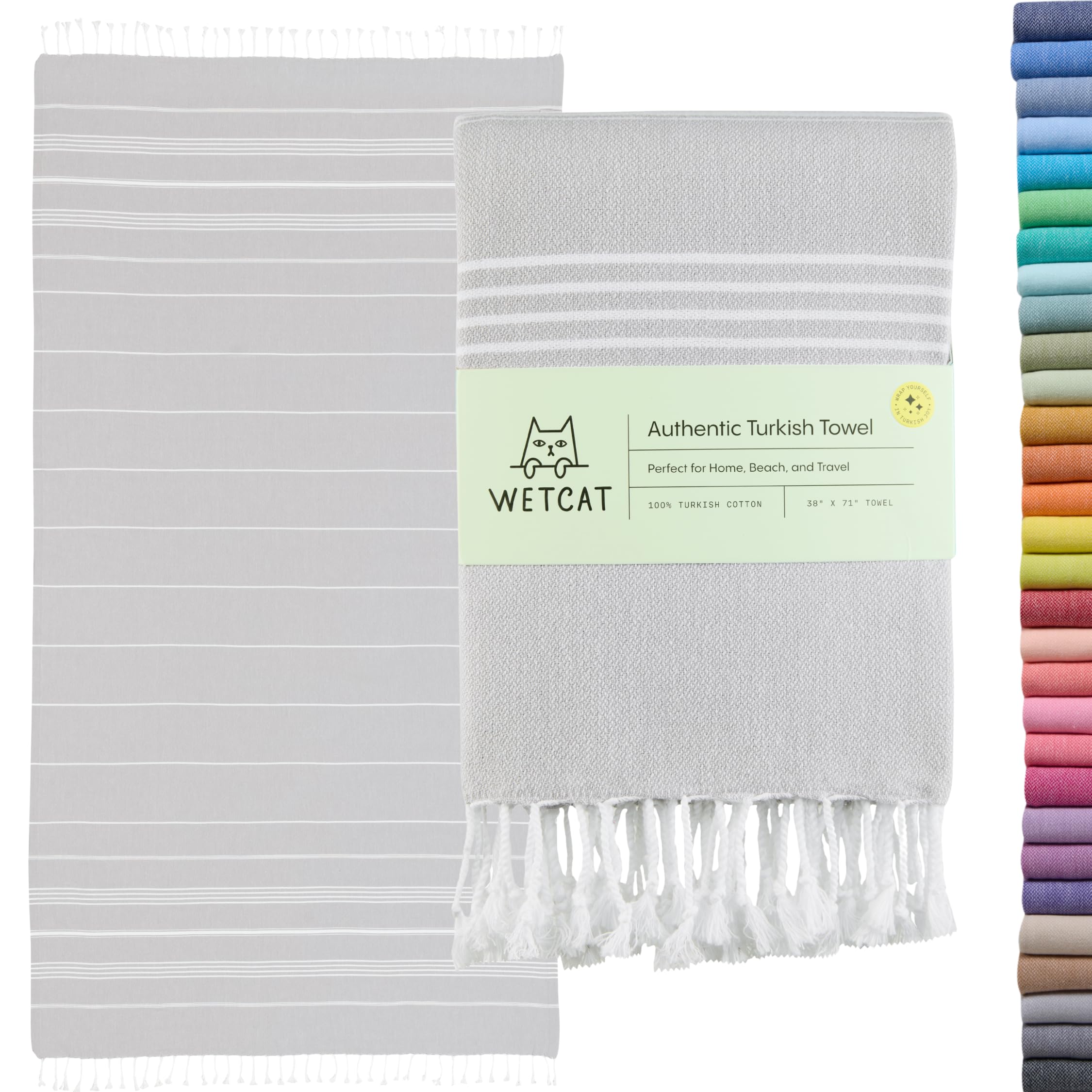 WETCAT Turkish Beach Towel Oversized 38x71 100% Cotton Sand Free Quick Dry Extra Large Light Travel Towel for Adults Beach Accessories Gifts - Light Grey